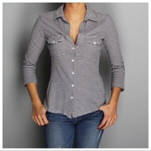 James Perse Cotton Button Up Shirt Gray Stripe Front Pockets 3/4 Sleeve 1 SMALL